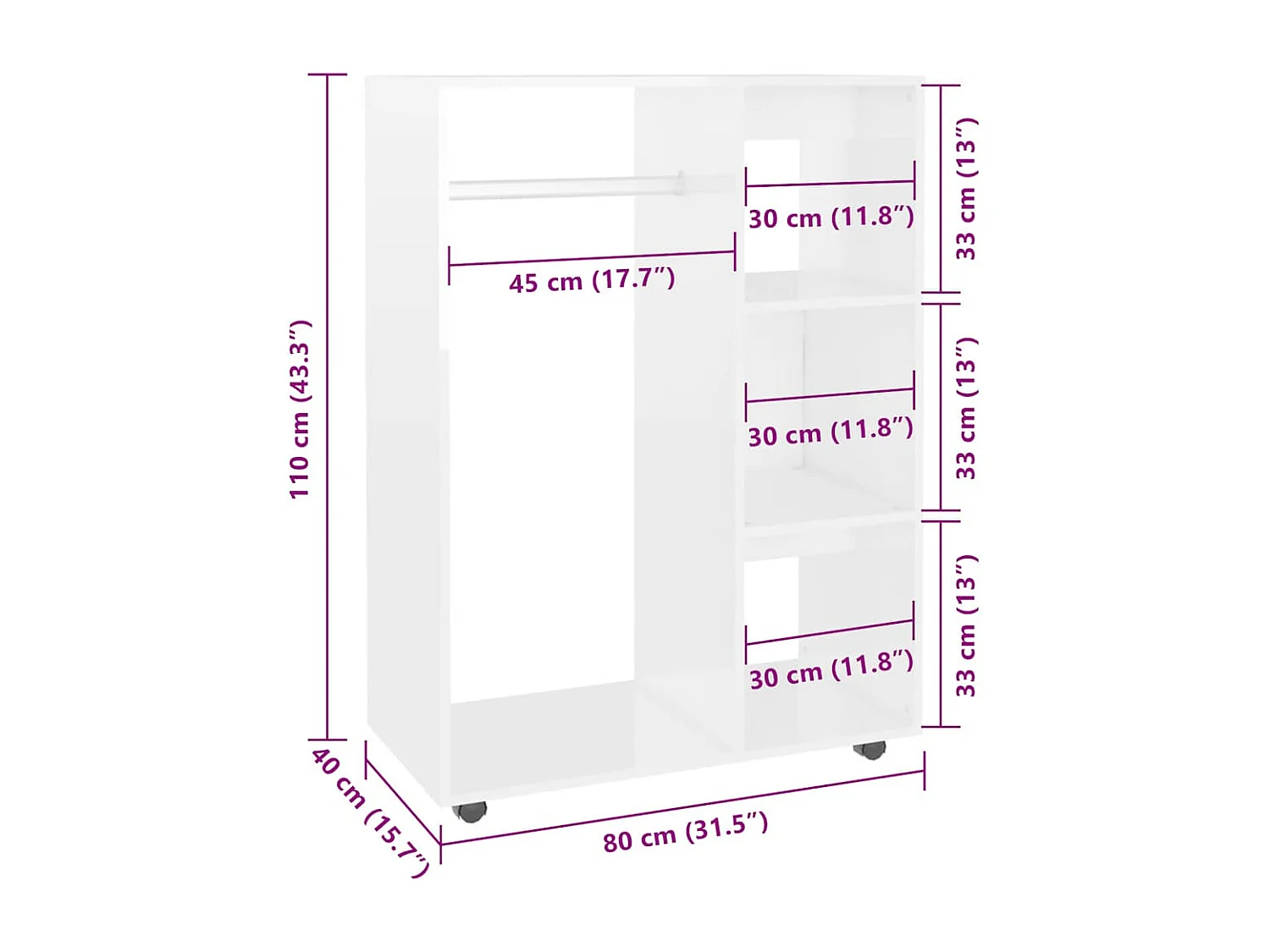Roupeiro 80x40x110 cm derivados de madeira branco brilhante