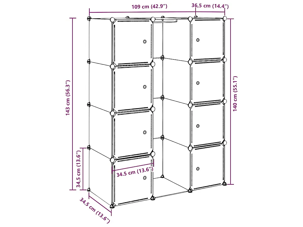 Modularer Schrank mit 9 Fächern 109x36,5x143 cm Weiß