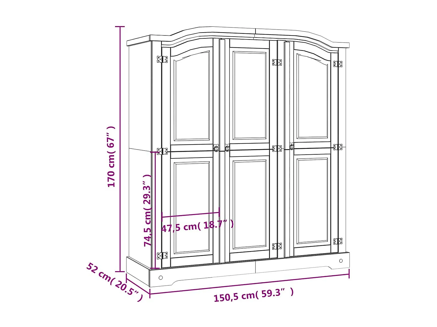 Roupeiro Corona Range pinho mexicano com 3 portas