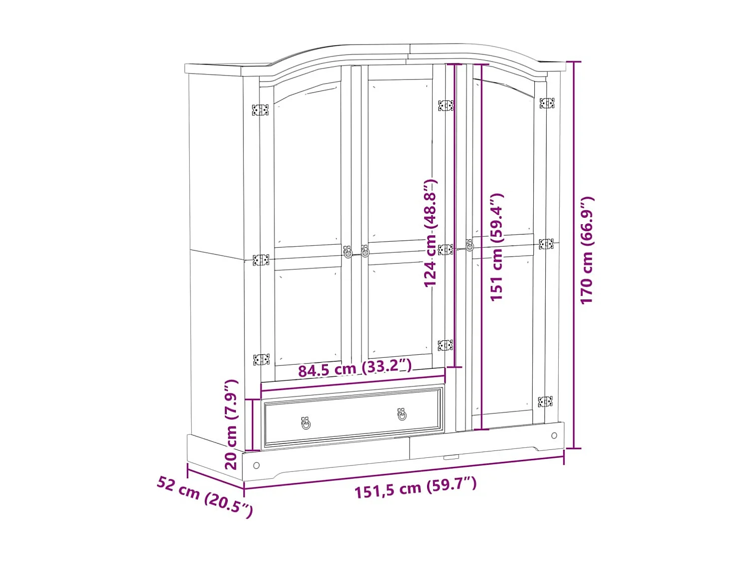 Armadio Corona 151,5x52x170 cm in Legno Massello di Pino