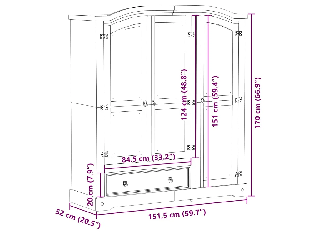 Armadio Corona 151,5x52x170 cm in Legno Massello di Pino