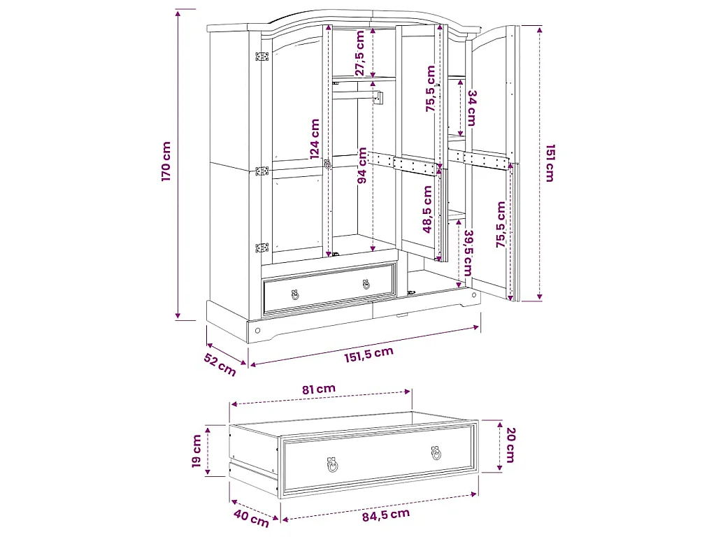 Garde-robe Corona 151,5x52x170 cm bois de pin massif