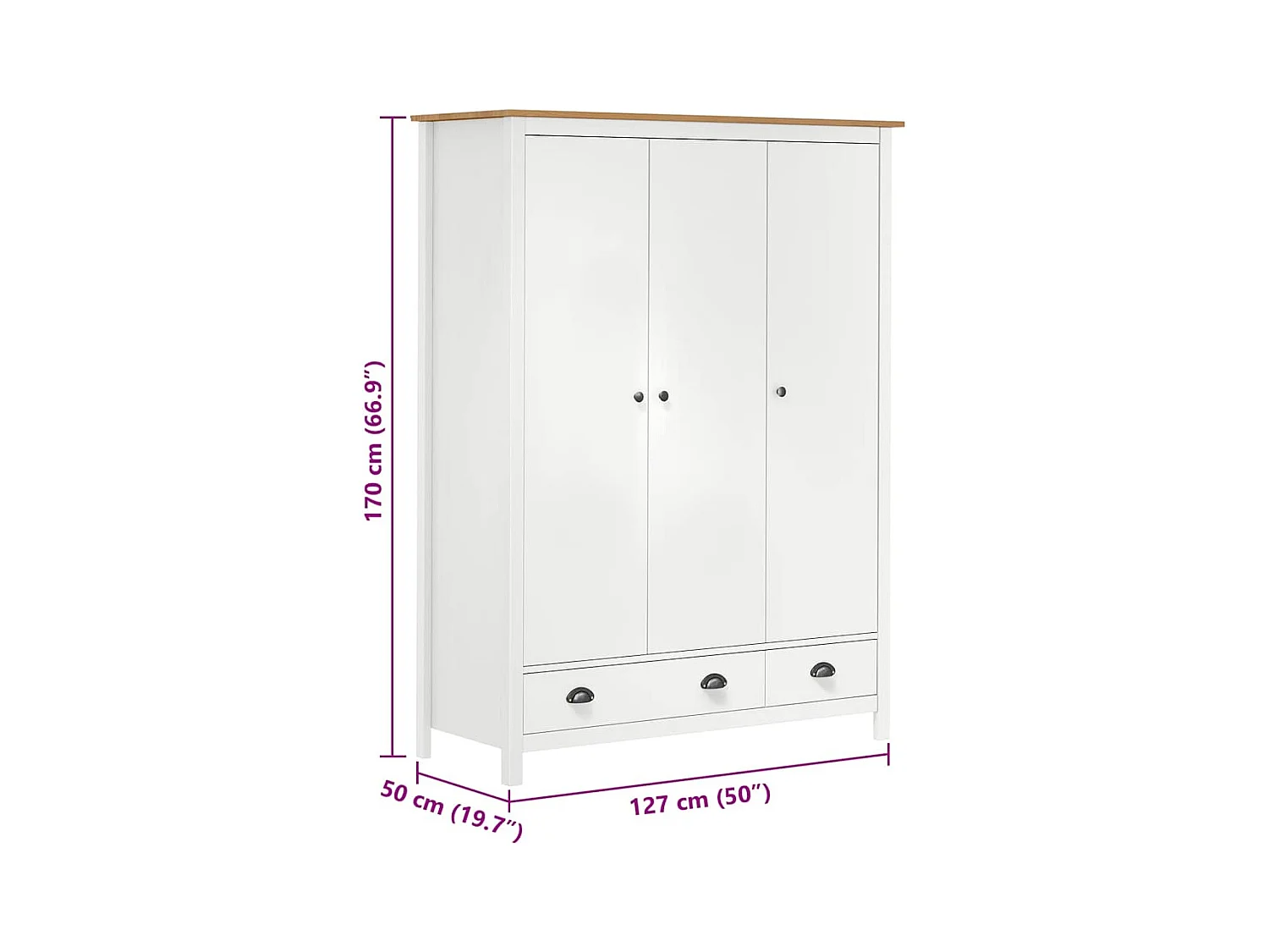 Garde-robe à 3 portes Hill Blanc 127x50x170 cm Bois pin solide