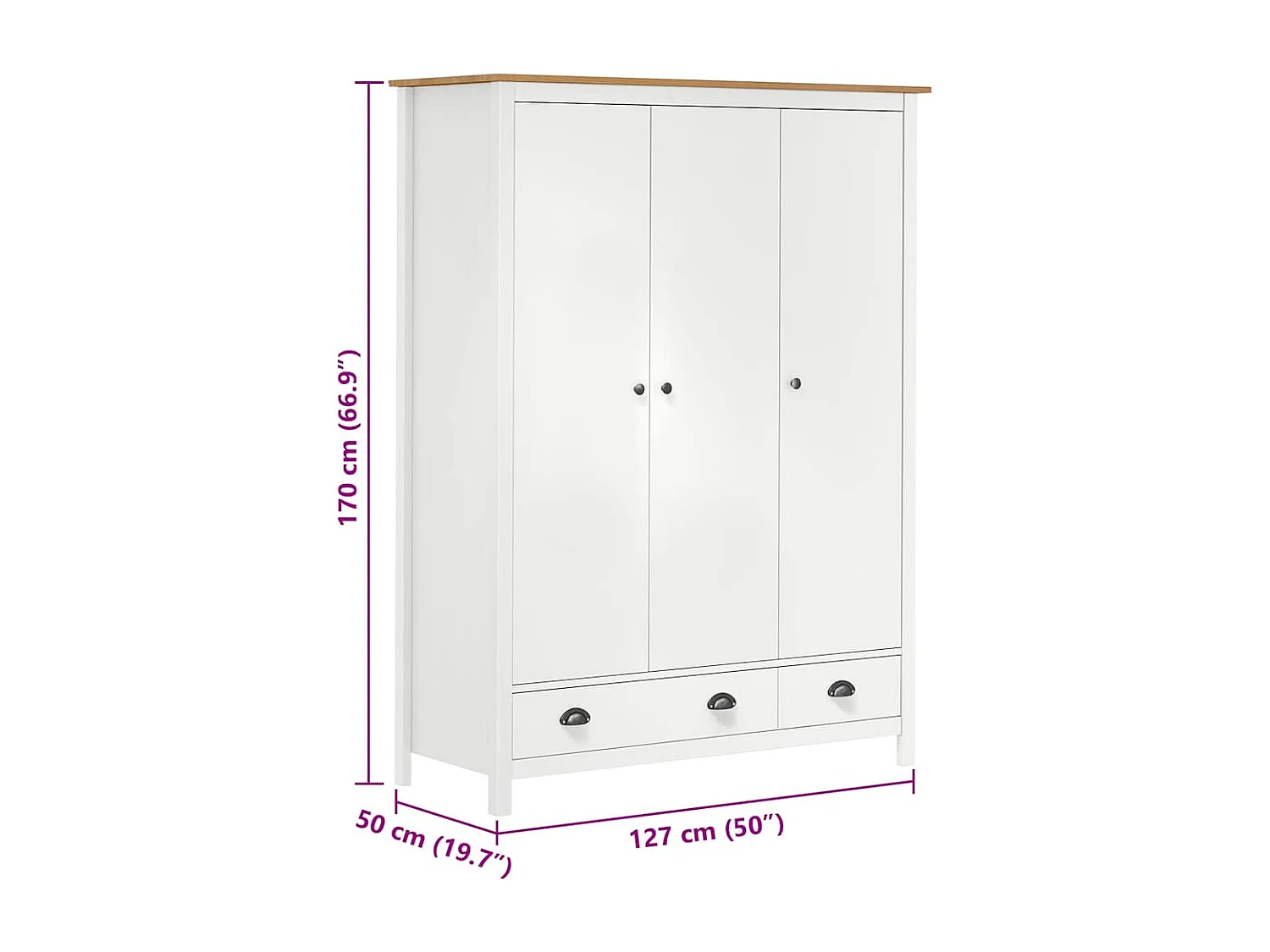 Armadio a 3 Ante Hill Bianco 127x50x170 cm in Legno di Pino