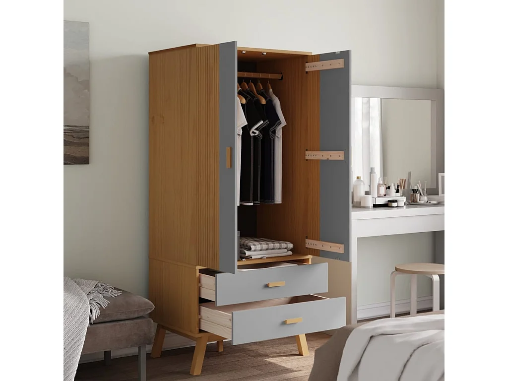 Roupeiro OLDEN 76,5x53x172 cm pinho maciço cinzento e castanho
