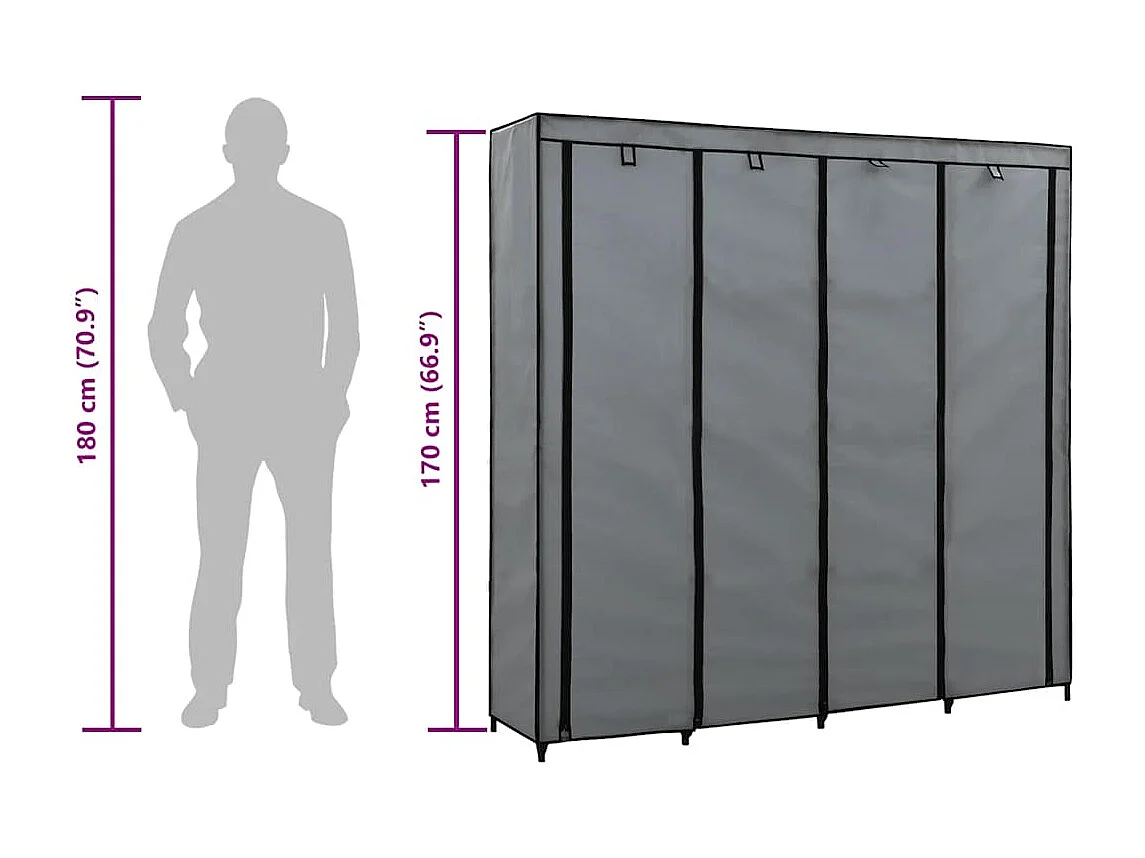 Garde-robe avec 4 compartiments Gris 175x45x170 cm