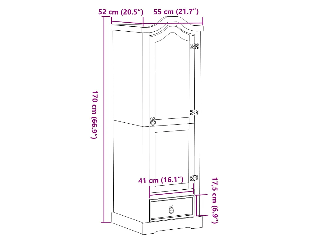 Armadio Corona 55x52x170 cm in Legno Massello di Pino