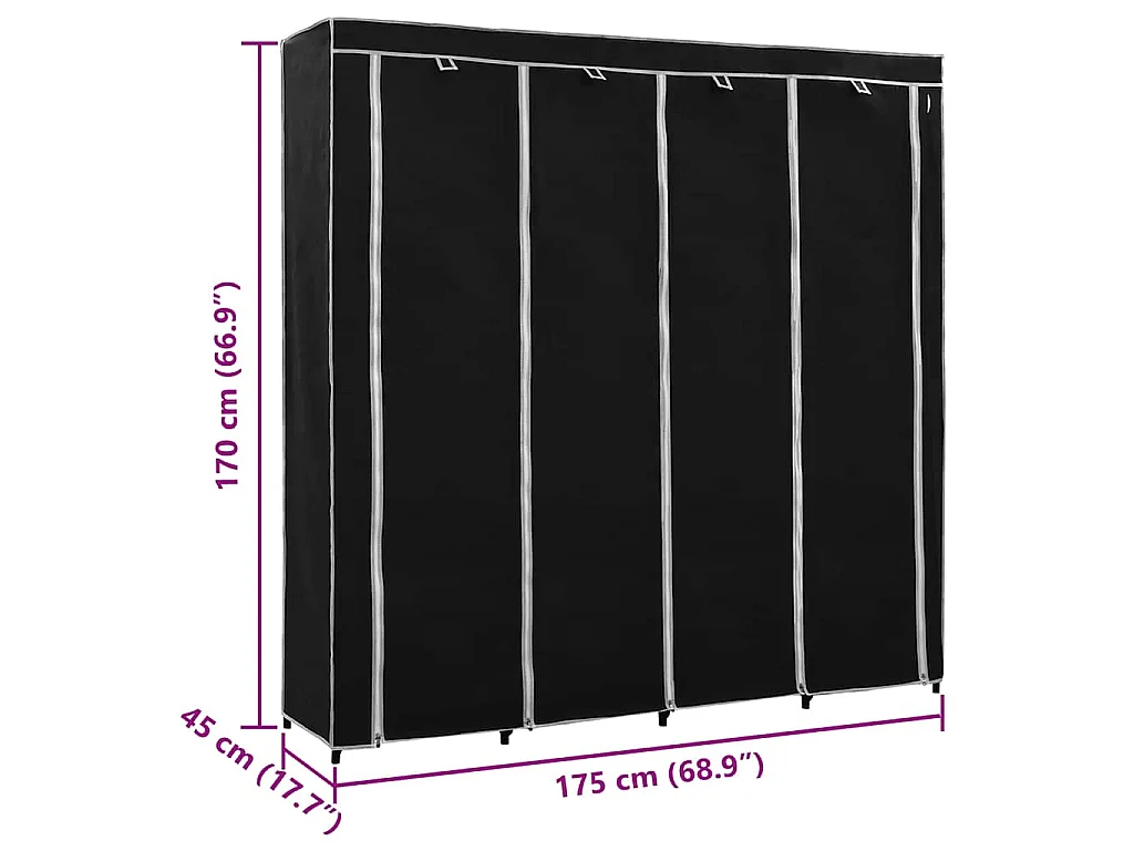 Roupeiro com 4 compartimentos 175x45x170 cm preto