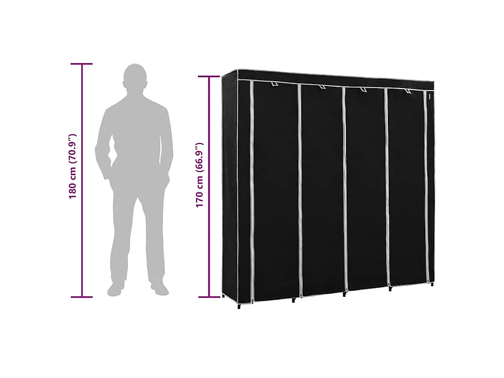 Roupeiro com 4 compartimentos 175x45x170 cm preto