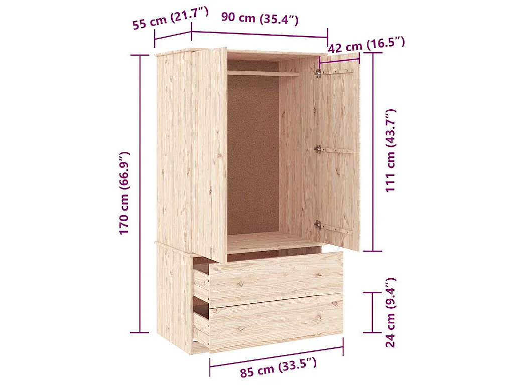 Garde-robe ALTA 90x55x170 cm bois massif de pin