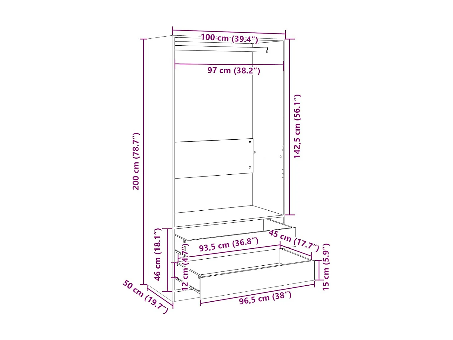 Kleiderschrank Räuchereiche 100x50x200 cm Holzwerkstoff