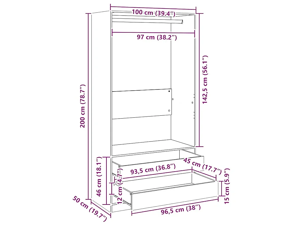 Kleiderschrank Räuchereiche 100x50x200 cm Holzwerkstoff