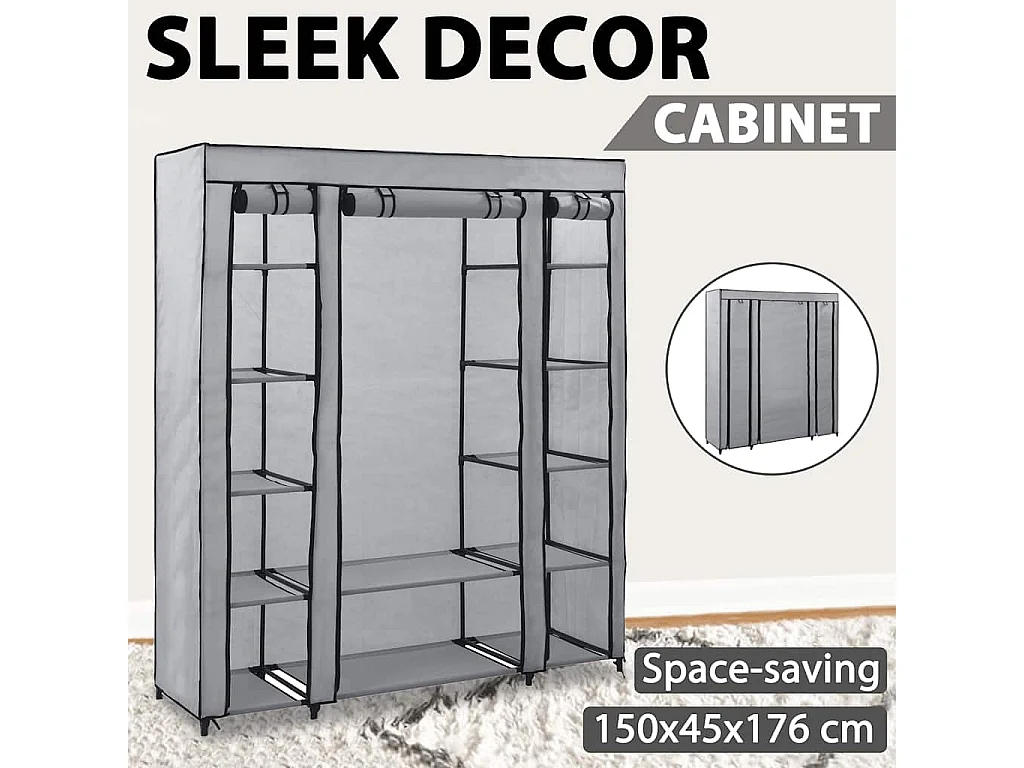 Kledingkast met vakken en stangen 150x45x176 cm stof grijs