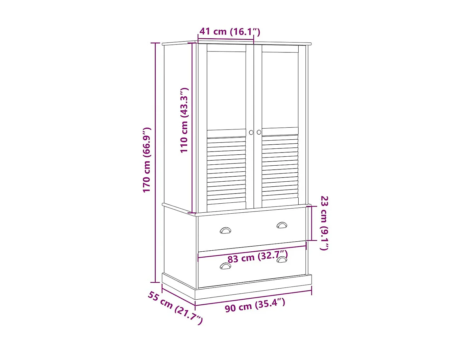 Kledingkast VIGO 90x55x170 cm massief grenenhout wit