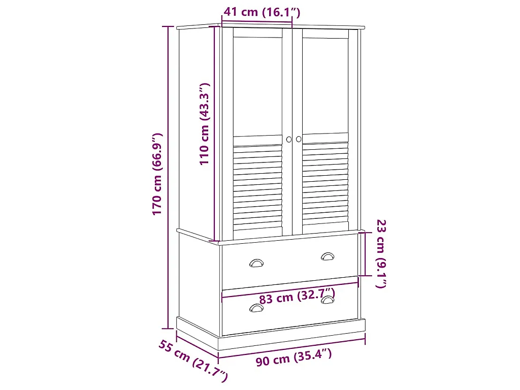 Kledingkast VIGO 90x55x170 cm massief grenenhout wit