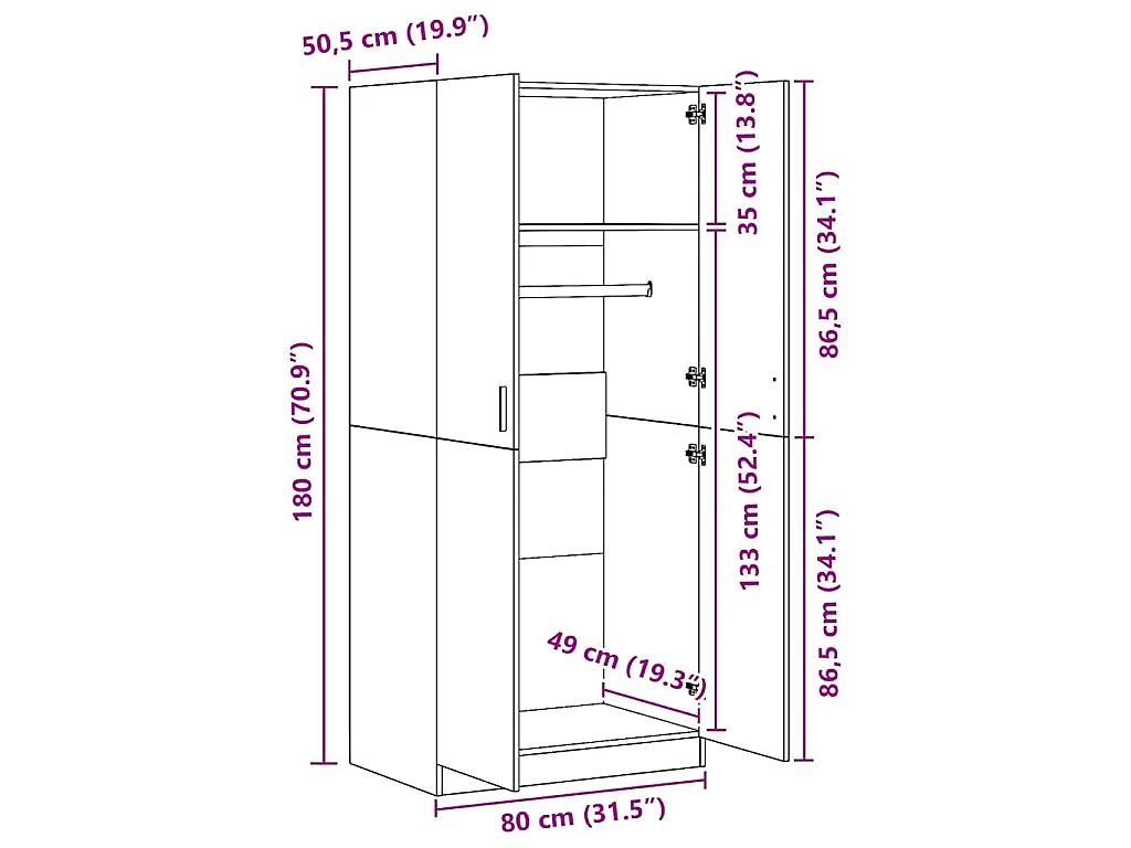 Roupeiro 80x52x180 cm derivados de madeira cinzento sonoma