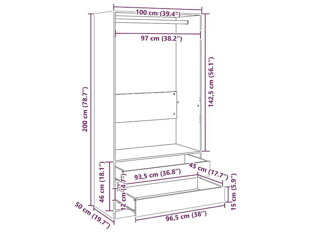 Kleiderschrank Grau Sonoma 100x50x200 cm Holzwerkstoff