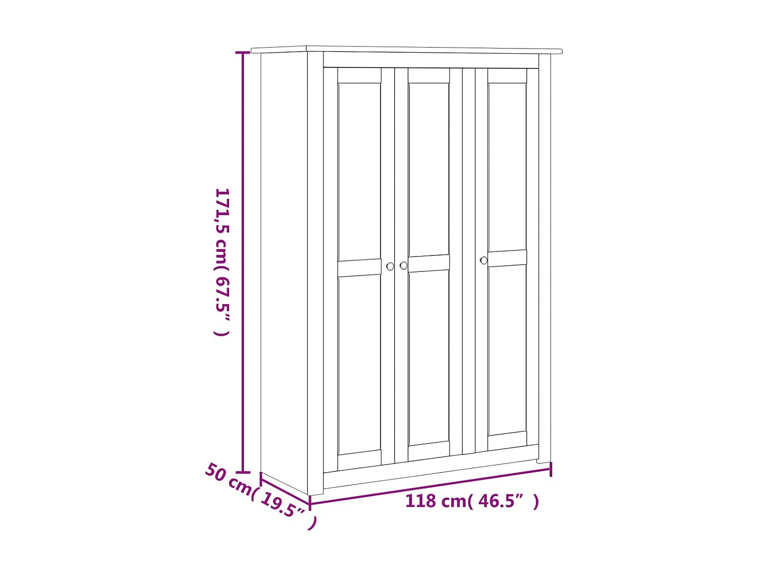 Armadio a 3 Ante 118x50x171,5cm Legno di Pino Panama Range