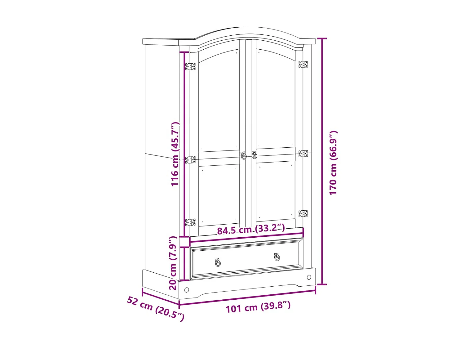 Armadio "Corona" 101x52x170 cm Legno Massello di Pino