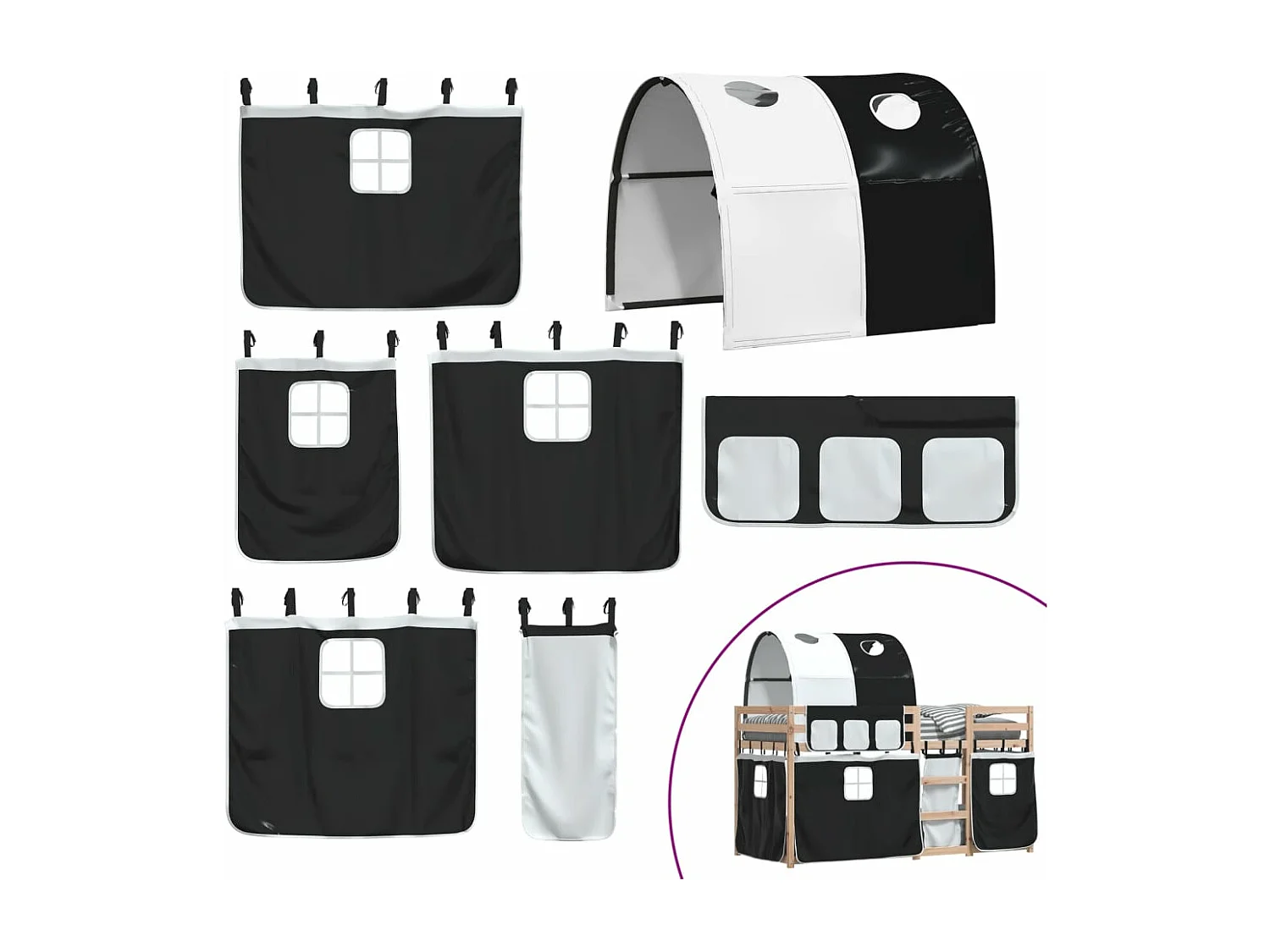 Etagenbett mit Vorhängen Weiß & Schwarz 75x190 cm Kiefernholz