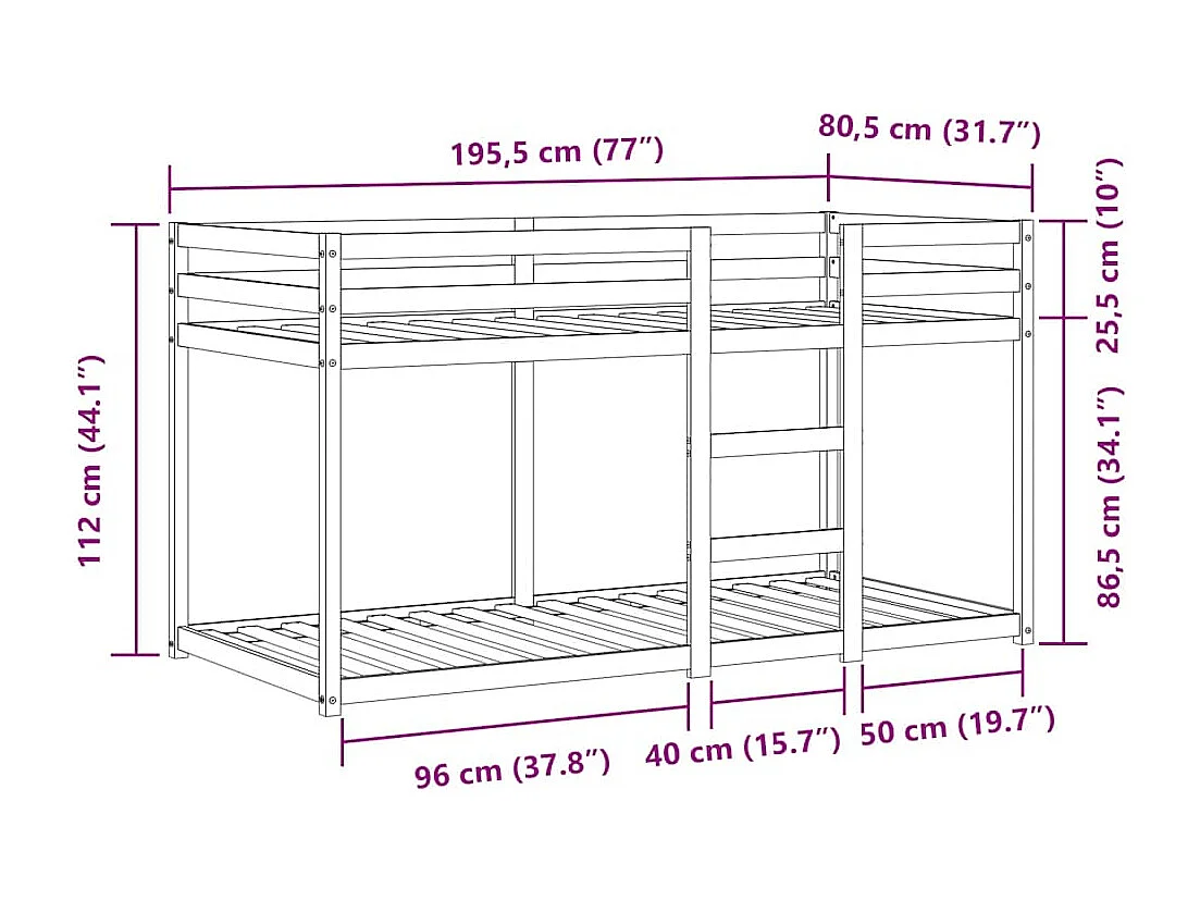 Lit superposé sans matelas 75x190 cm bois de pin massif