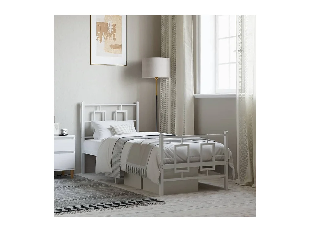 Cadre de lit métal sans matelas avec pied de lit blanc 75x190cm