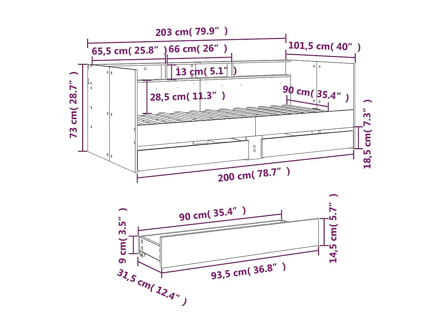 Lit de jour avec tiroirs sans matelas sonoma gris 90x200 cm