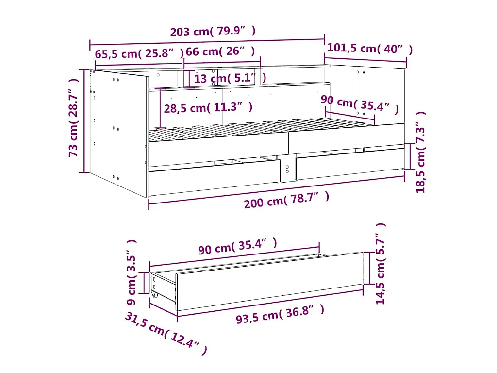 Lit de jour avec tiroirs sans matelas sonoma gris 90x200 cm
