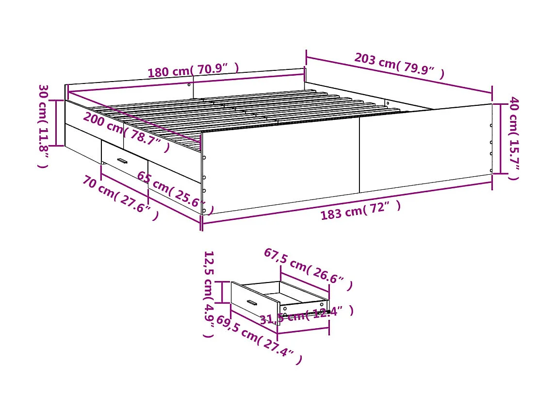 Estrutura de cama c/ gavetas derivados madeira carvalho sonoma