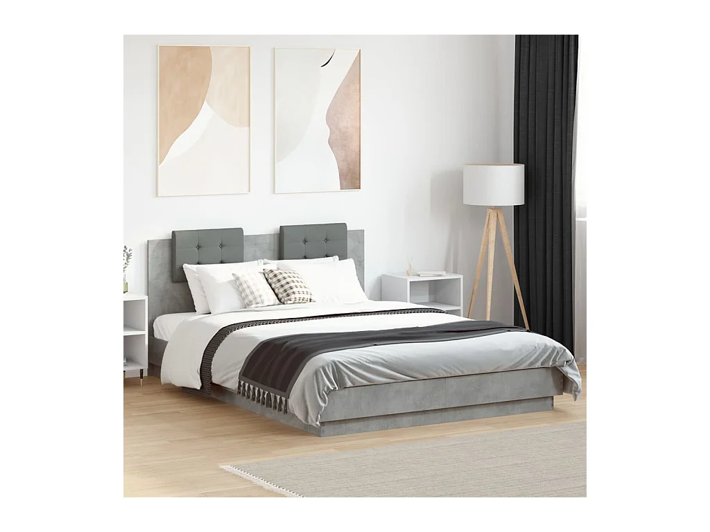 Bedframe met hoofdbord en LED-verlichting betongrijs 150x200 cm