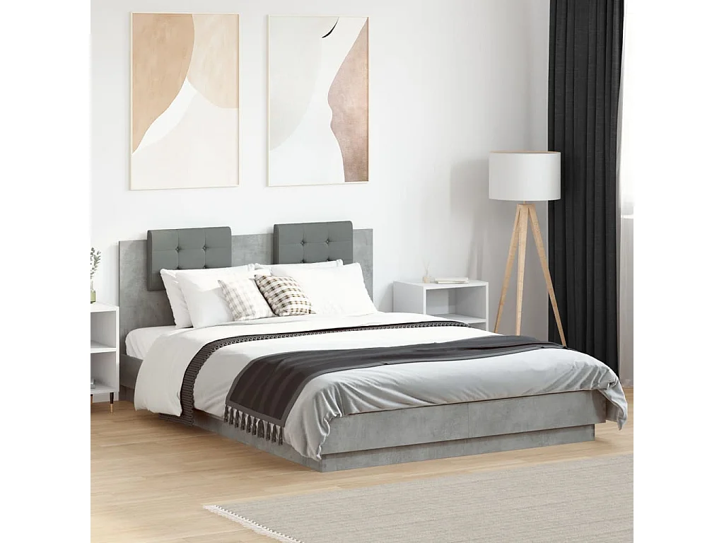 Estrutura cama c/ cabeceira/luzes LED 150x200 cm cinza cimento