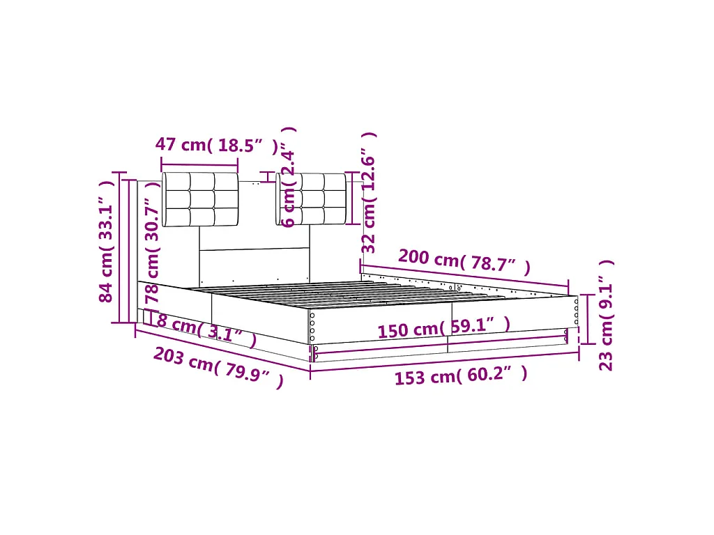 Estrutura cama c/ cabeceira/luzes LED 150x200 cm cinza cimento
