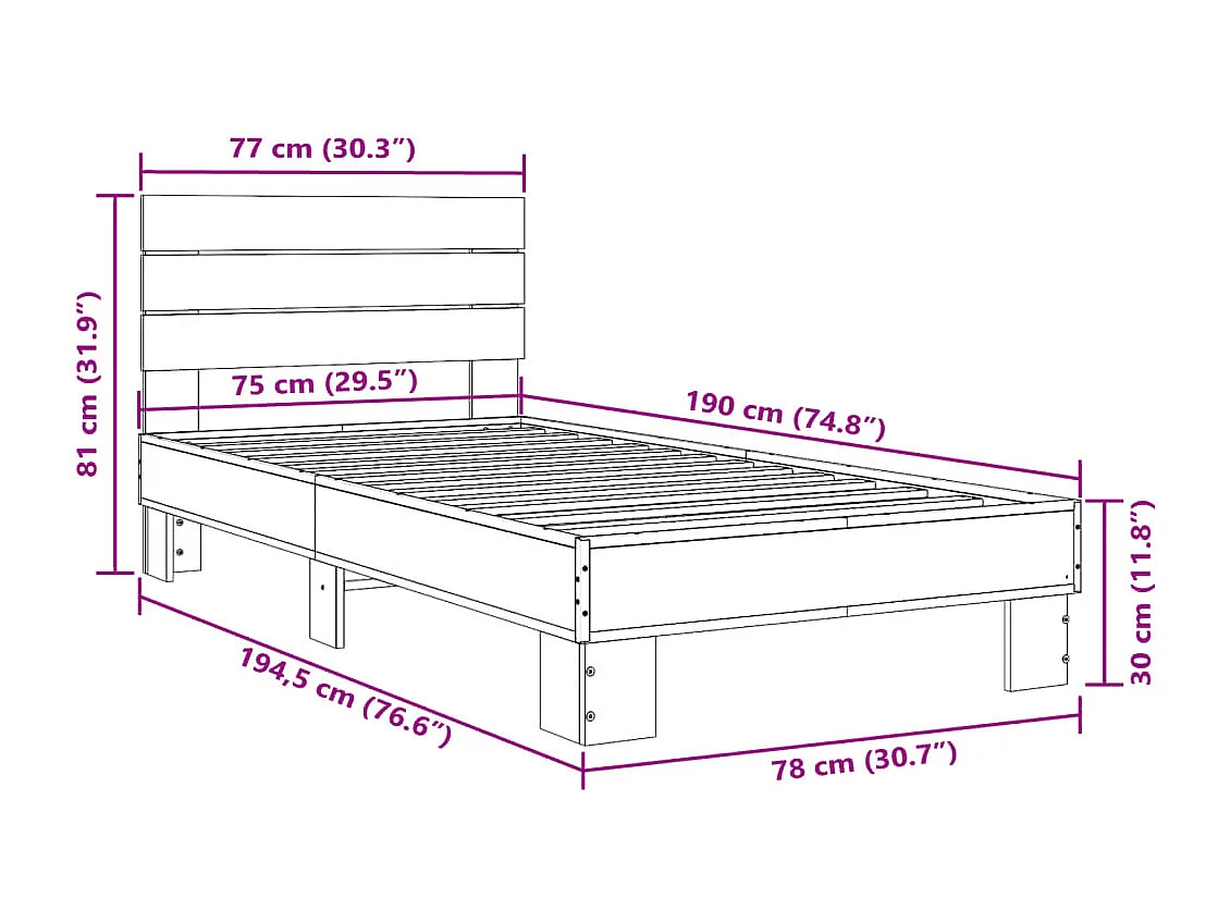 Cadre de lit sans matelas chêne fumé 75x190 cm