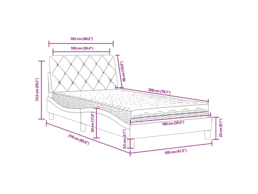Lit avec matelas gris clair 100x200 cm velours
