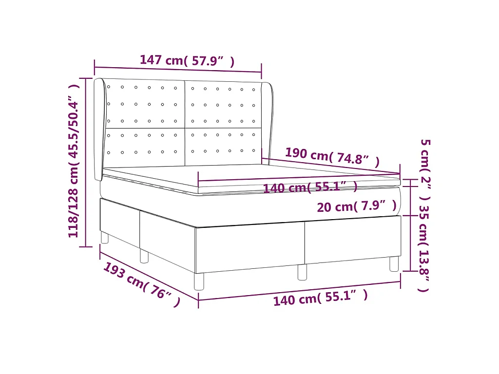 Sommier à lattes de lit avec matelas Noir 140x190 cm Tissu