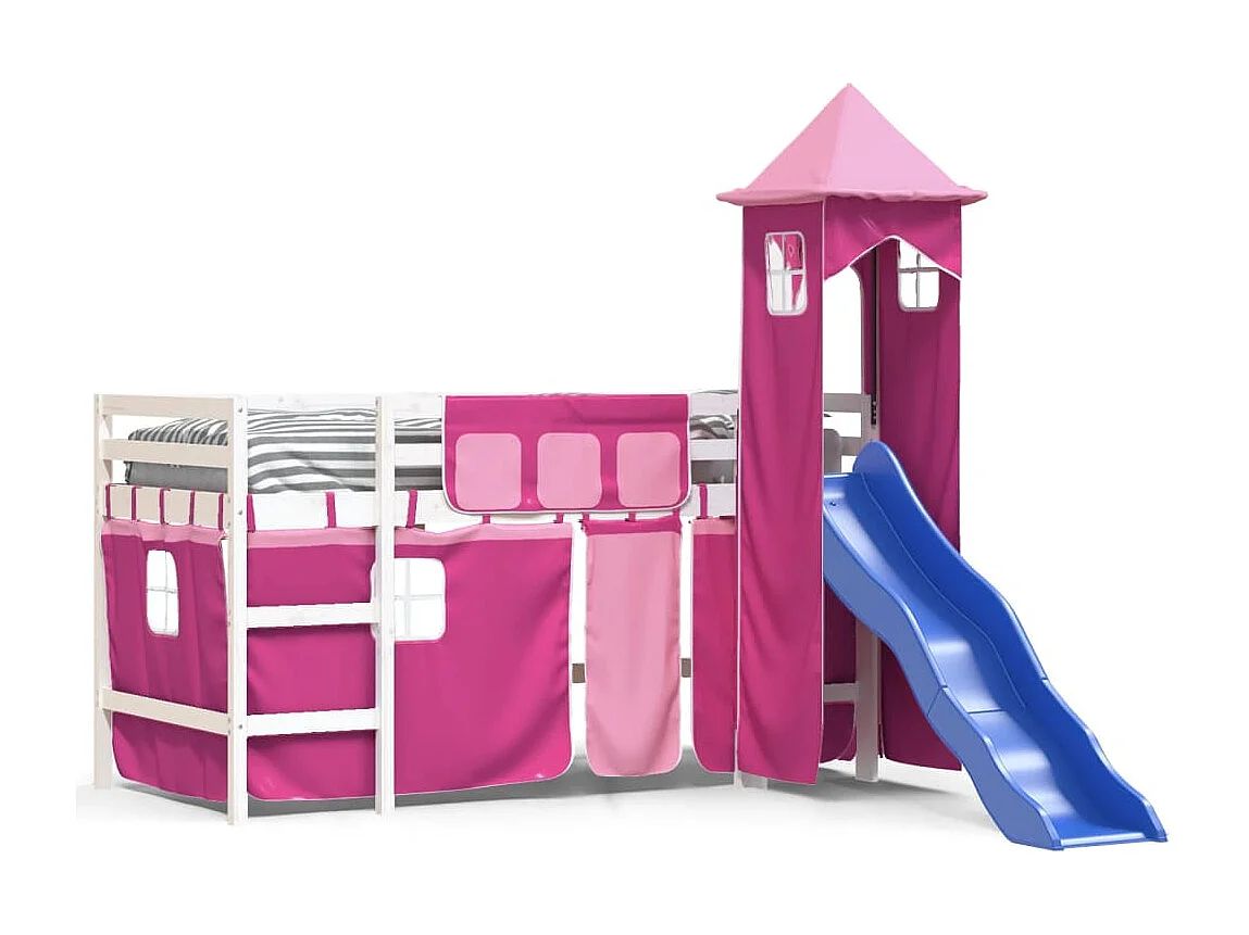 Kinderhochbett mit Turm Rosa 90x190 cm Massivholz Kiefer