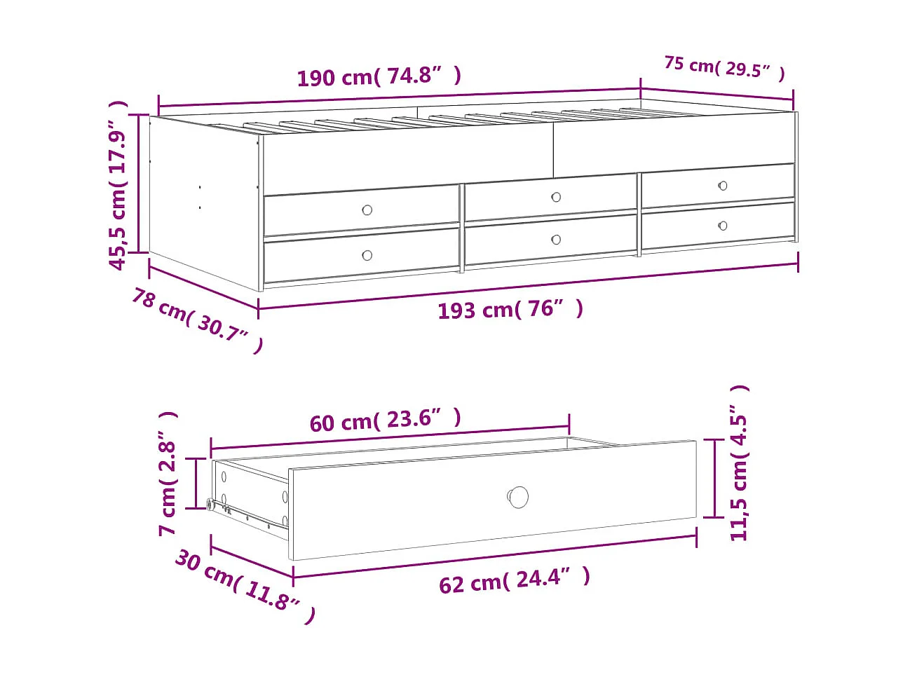 Slaapbank met lades zonder matras 75x190 cm wit