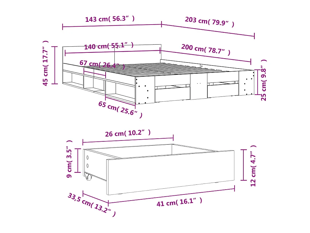 Bettgestell mit Schubladen Sonoma-Eiche 140x200cm Holzwerkstoff