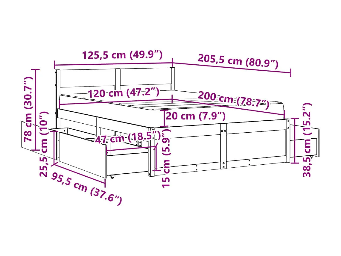 Bett mit Schubladen und Matratze Weiß 120x200 cm Massivholz