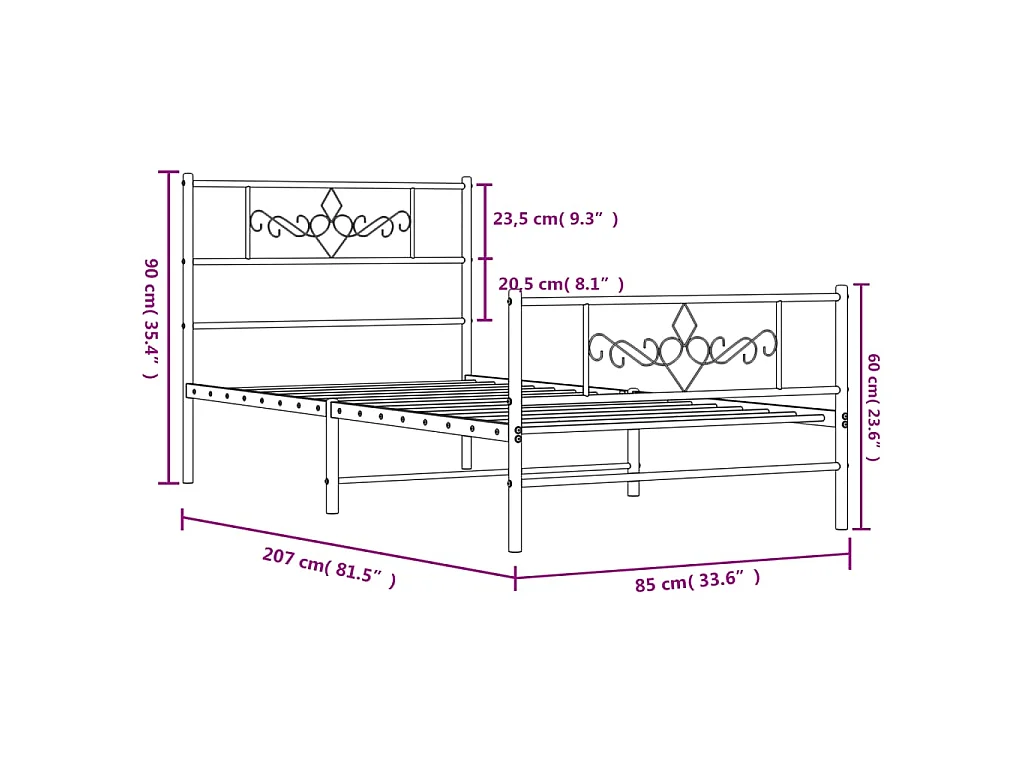 Cadre de lit métal sans matelas avec pied de lit noir 80x200 cm