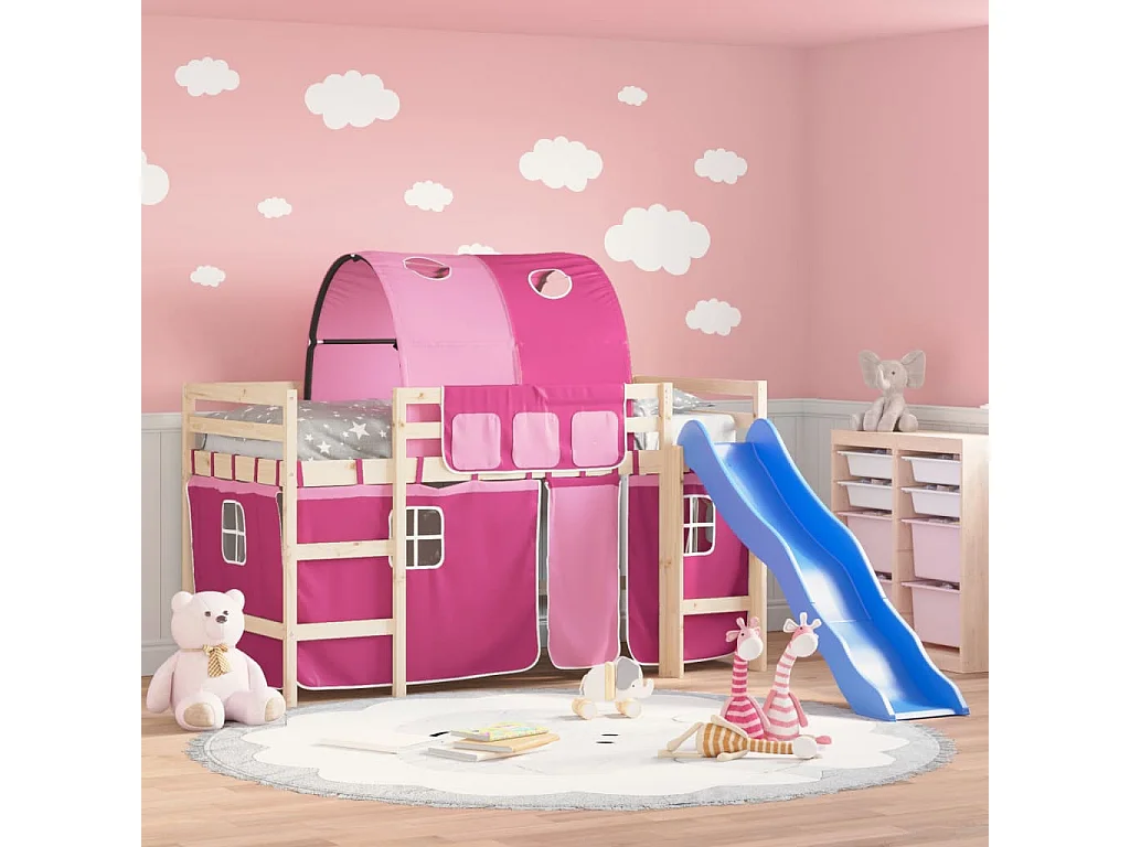 Letto a Soppalco con Tunnel Bambini Rosa 80x200cm Massello Pino