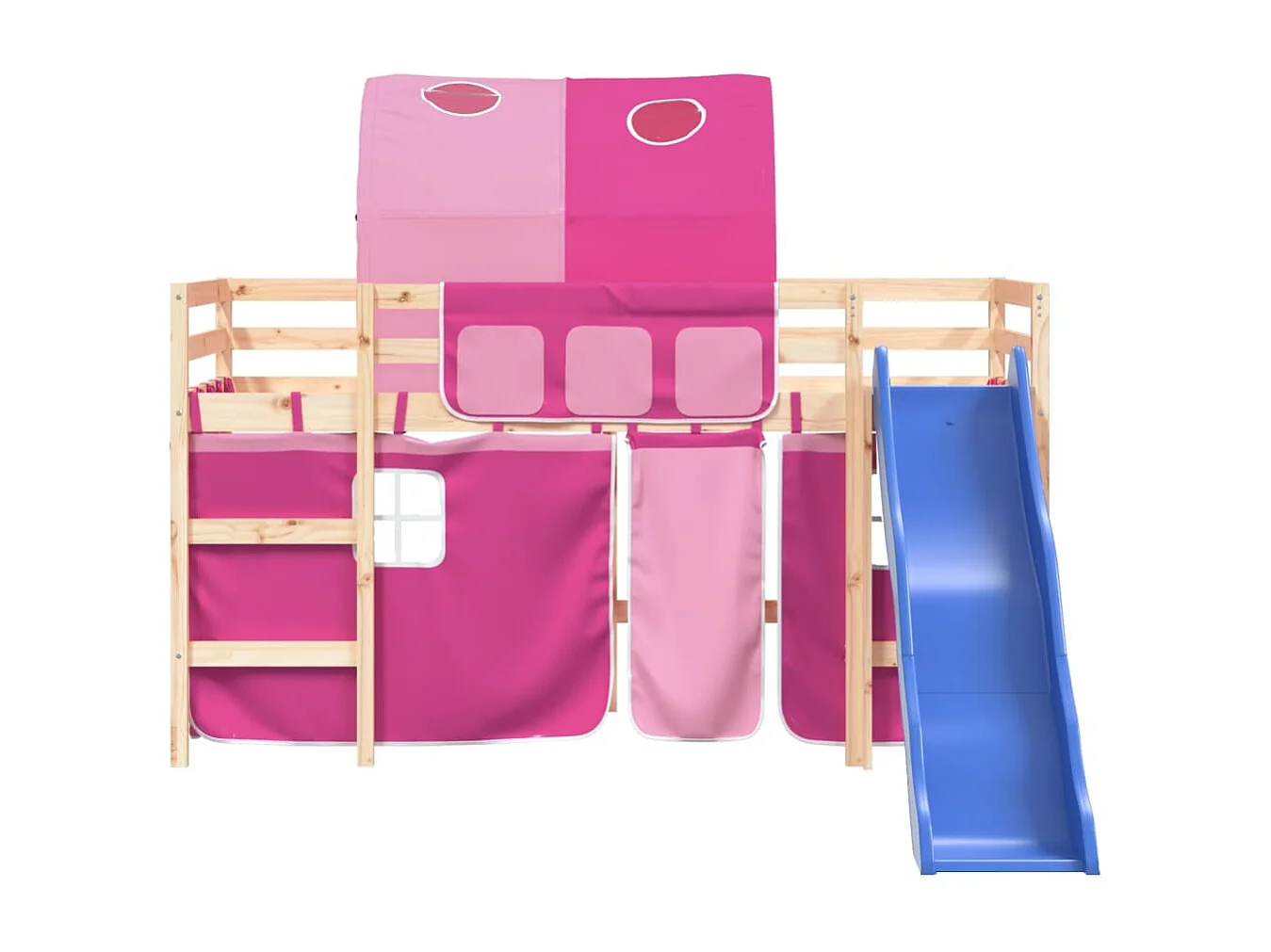 Letto a Soppalco con Tunnel Bambini Rosa 80x200cm Massello Pino