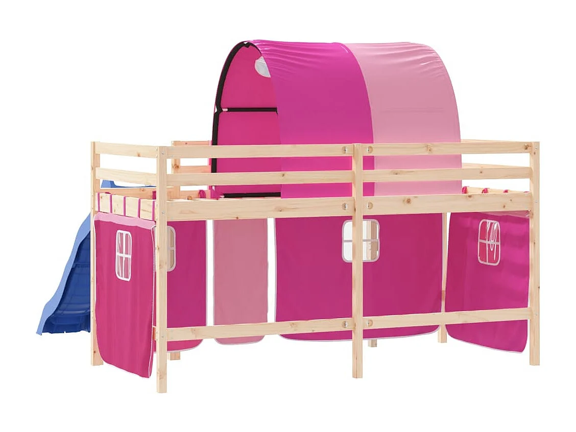 Letto a Soppalco con Tunnel Bambini Rosa 80x200cm Massello Pino