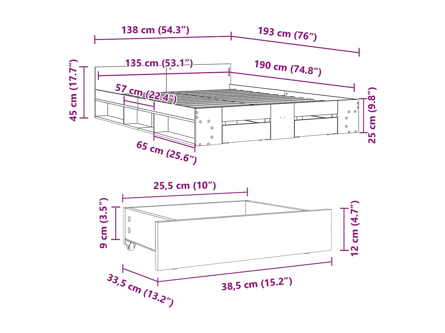 Giroletto Cassetti Rovere Sonoma 135x190 cm Legno Multistrato