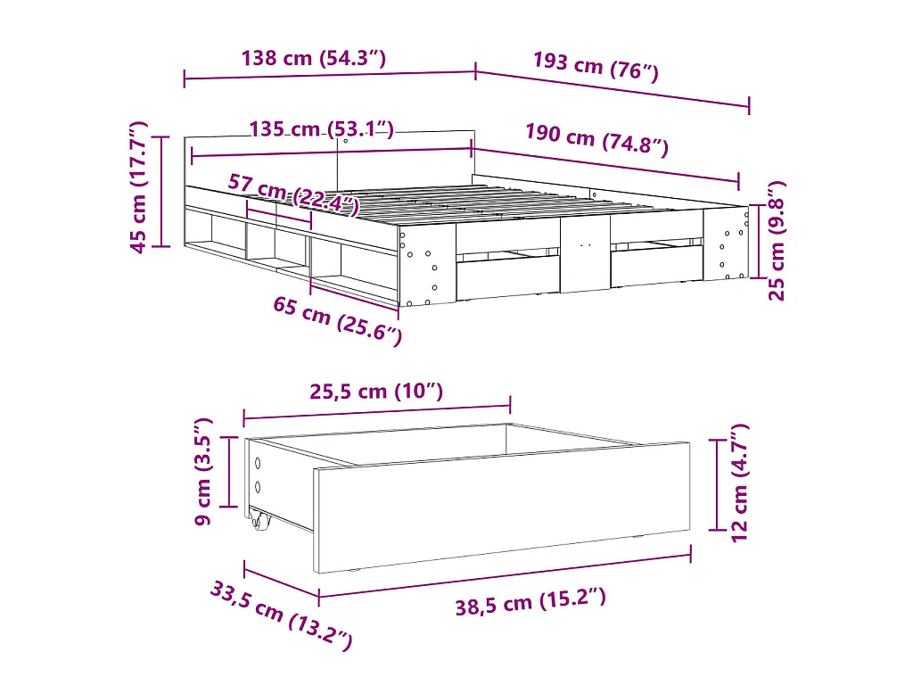 Bettgestell mit Schubladen Sonoma-Eiche 135x190cm Holzwerkstoff