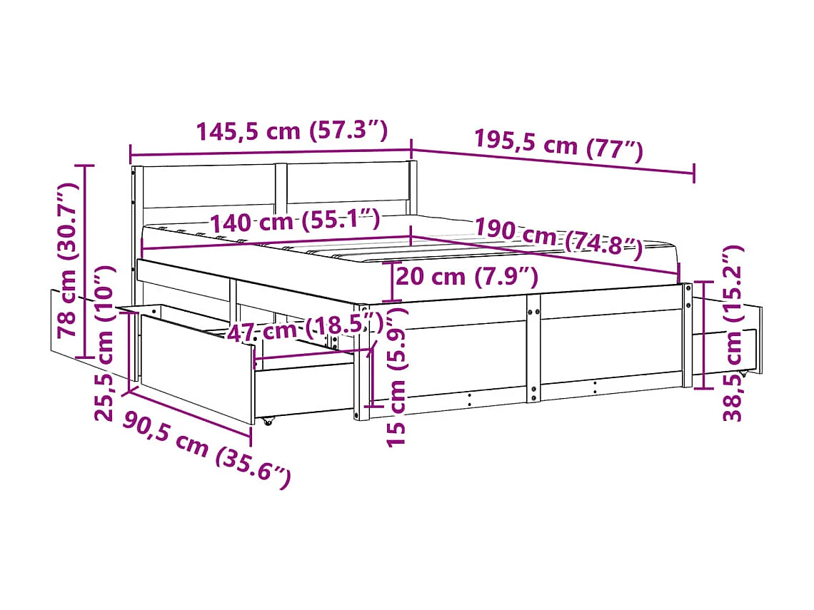Lit avec tiroirs/matelas cire marron 140x190 cm bois massif pin