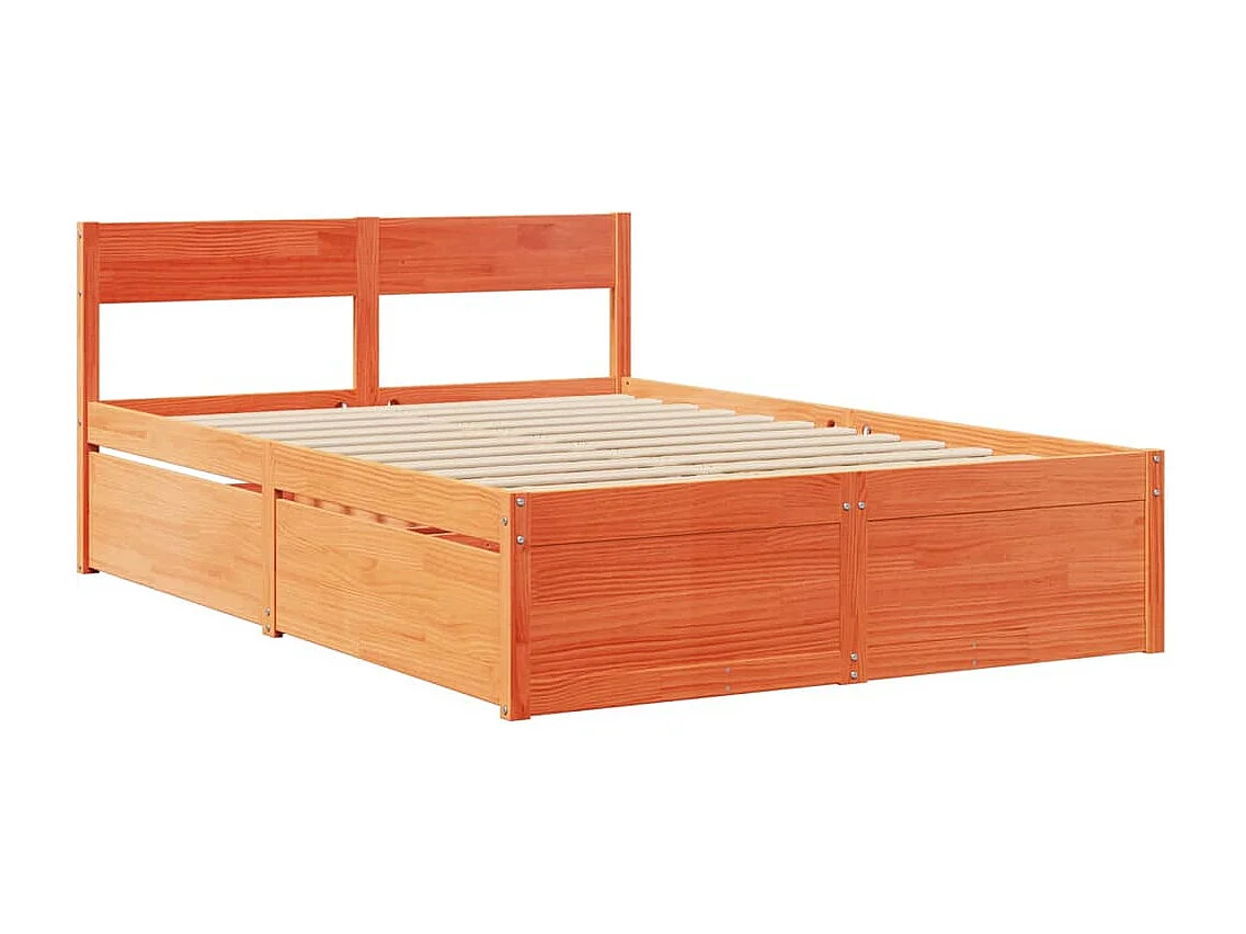 Lit avec tiroirs/matelas cire marron 140x190 cm bois massif pin