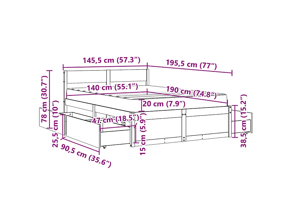 Letto Cassetti e Materasso Marrone Cera 140x190cm Massello Pino