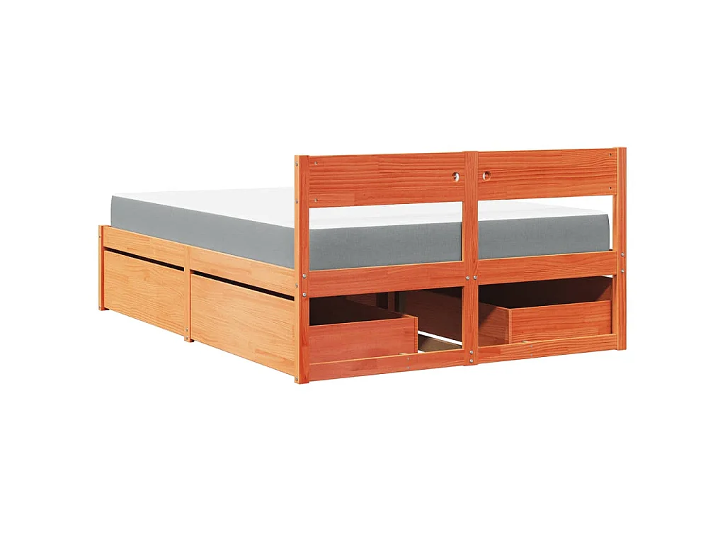 Letto Cassetti e Materasso Marrone Cera 140x190cm Massello Pino
