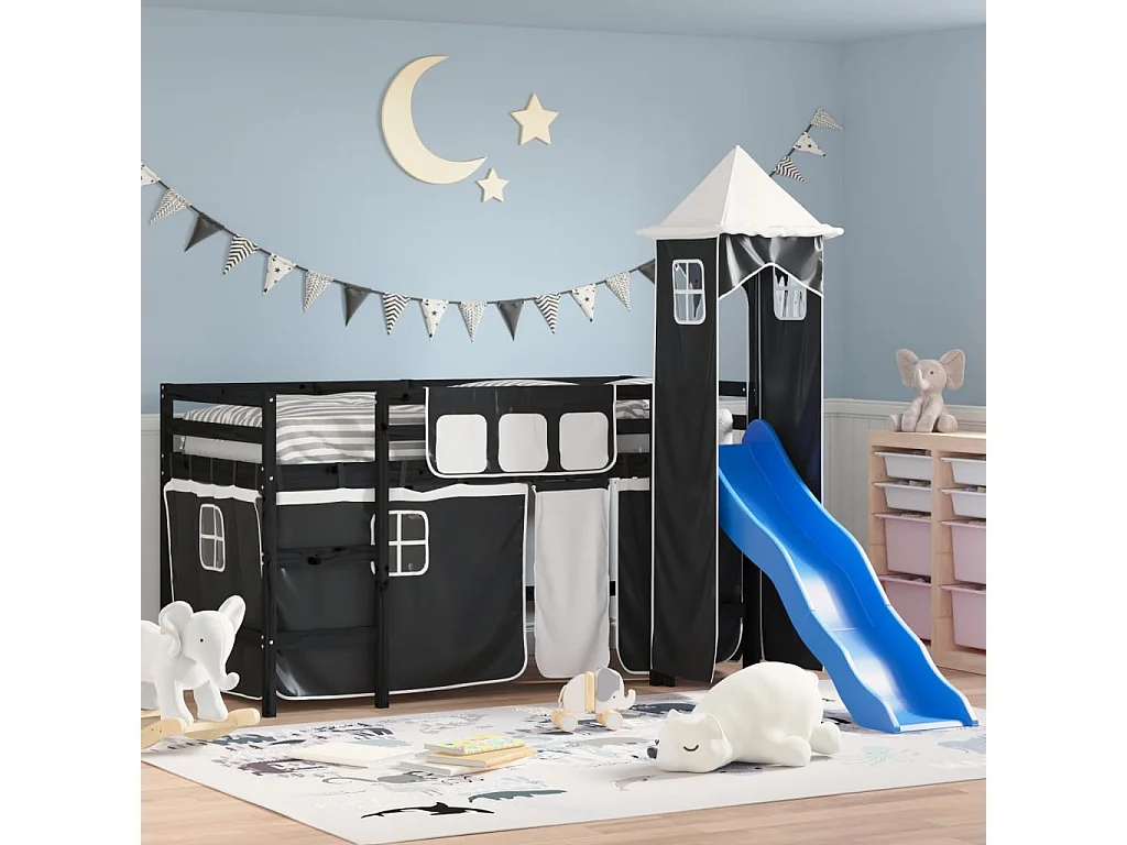 Kinderhochbett mit Turm Weiß & Schwarz 80x200 cm Kiefernholz
